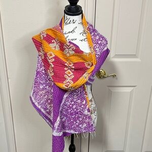 Reversible Vibrant Purple and Orange Patterned Kantha Scarf